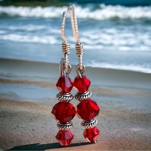 Red Crystal Earrings With Silver Hooks